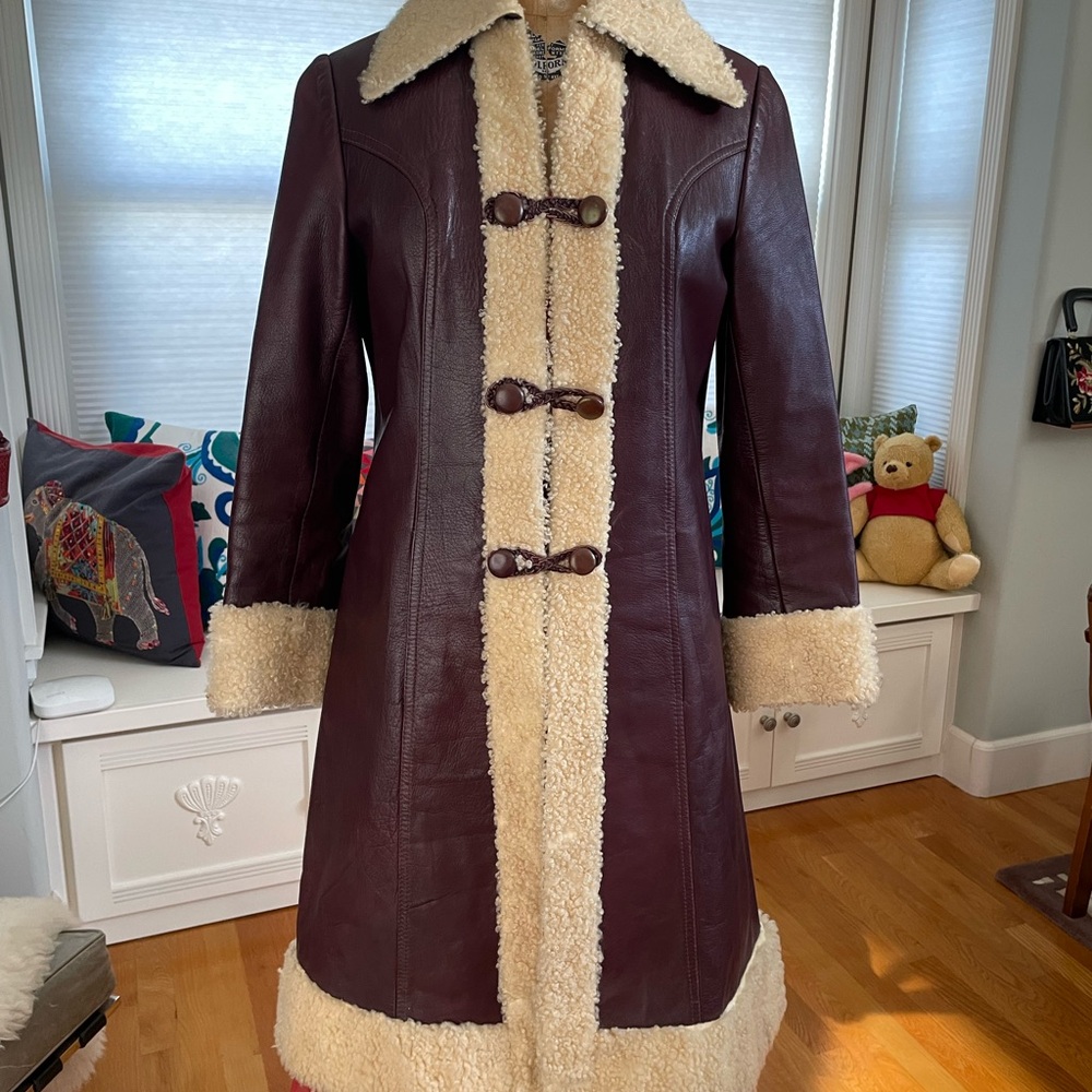 Elegant Burgundy Teddy Leather Coat Jacket with Shearling Trim 1960’s